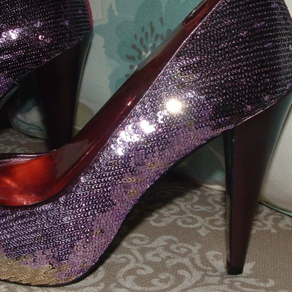 Nina Gold Purple Sequin Crystal Peep Toe Heels - Picture 7 of 9